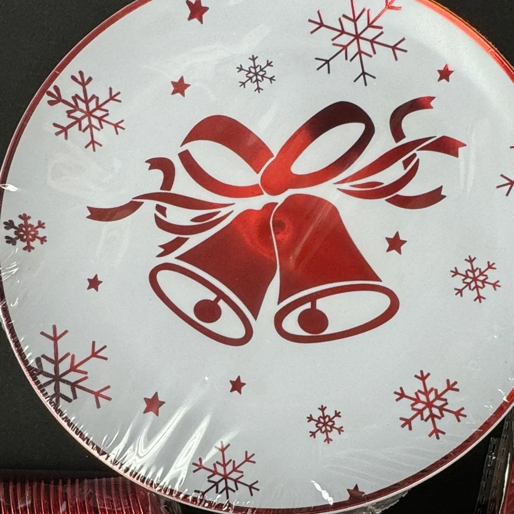 Festive Red Bell Party Plates and Utensils Set bundle all new red and white